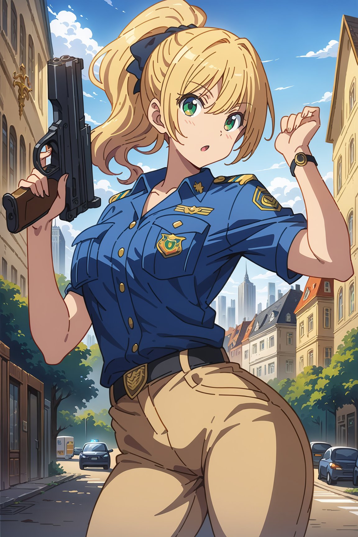 blonde policewoman posing, ponytail, police uniform, (greeneyes), (lipstick:0.5), 

german urban city, (gun), rich,

blue / black / white / cerulean / gold, 

(((Masterpiece, best quality, 2D anime), HDR, artstation), sharp visual, extra details),

modern, swag, fancy, exquisite,