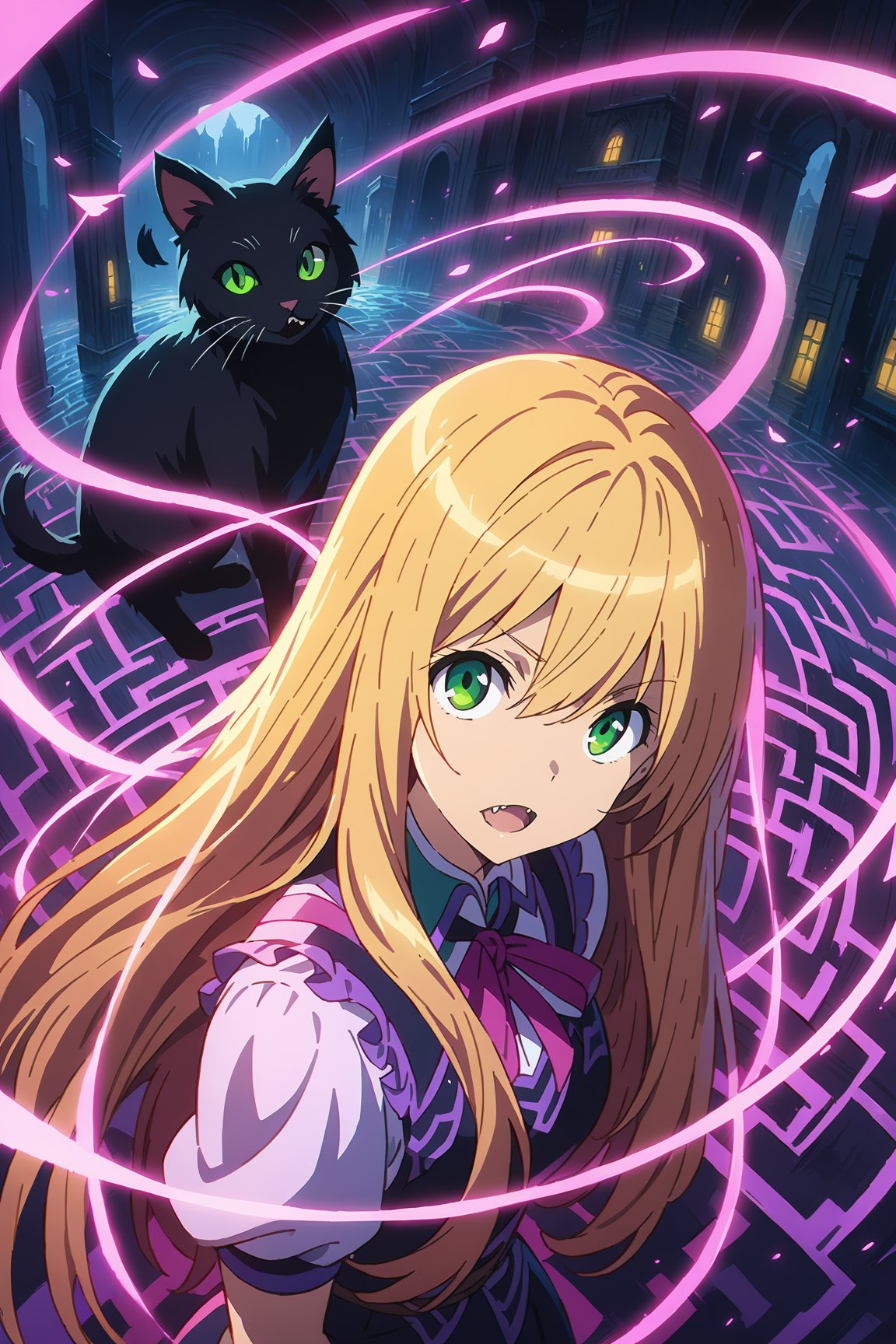 blonde woman, long hair, (greeneyes), gloves, (lipstick:0.5), fangs,

(spider_web:0.6), [butterflyes], ribbon, black_cats, [maze],

black / violet / pink / cerulean, (outline), dramatic light,

(((Masterpiece, best quality, 2D anime), HDR, artstation), sharp visual, extra details),

mysterious,