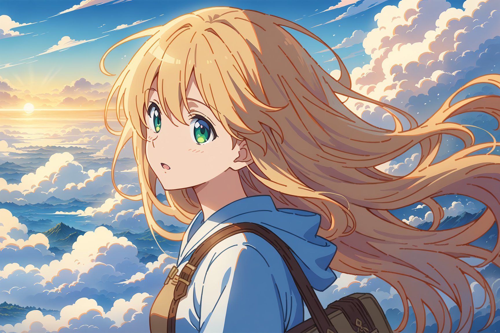 blonde woman traveling on a boat through sea of (clouds:1.3), long hair,  (greeneyes), (lipstick:0.5), 

journey, air,

sky blue / light-orange / white / cerulean / amber / apricot / azure / indigo, outline,

(((Masterpiece, best quality, 2D anime), HDR, artstation), sharp visual, extra details),

dreamy, hopeful atmosphere,