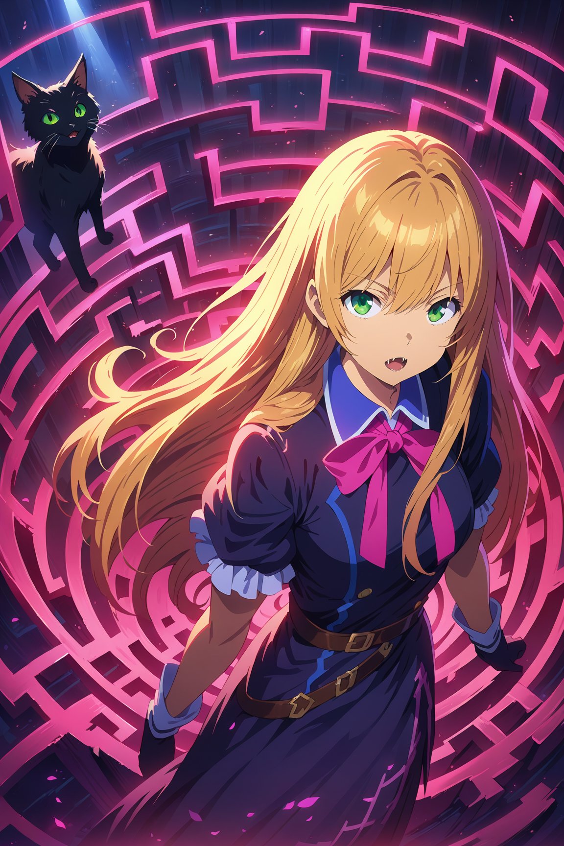 blonde woman, long hair, (greeneyes), gloves, (lipstick:0.5), fangs,

(spider_web:0.6), [butterflyes], ribbon, black_cats, [maze],

black / violet / pink / cerulean, (outline), dramatic light,

(((Masterpiece, best quality, 2D anime), HDR, artstation), sharp visual, extra details),

mysterious,