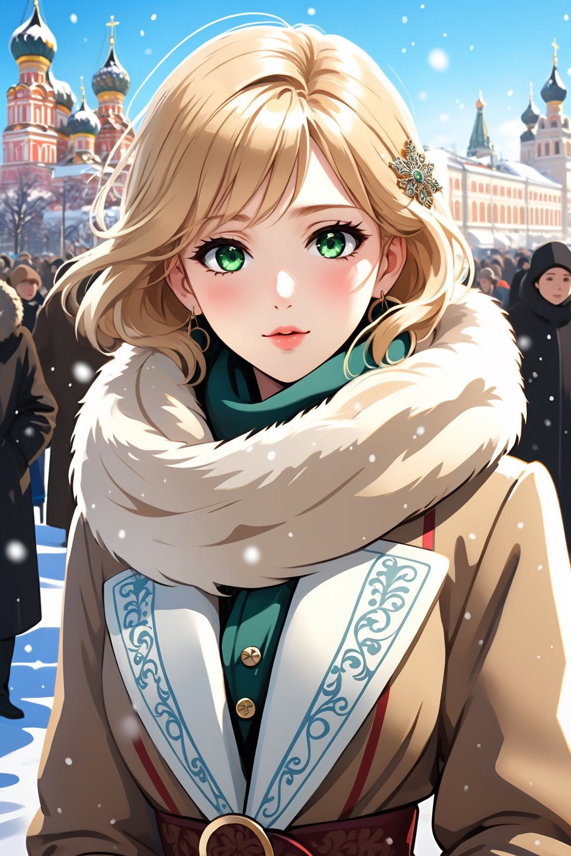 (a fancy russian woman), blonde, scarf, fur-trimmed_coat, (greeneyes), gloves, (lipstick:0.5),

 winter, blizzard, snow, icy, sky, sun, crowd, trade fair,

black / white / beige / grey / jade / cerulean, (outline), falling_snow,

(((Masterpiece, best quality), HDR, artstation anime), sharp visual, intricate details),

nature, (aesthetic), glamorous, elegant, orthodox, slavic,