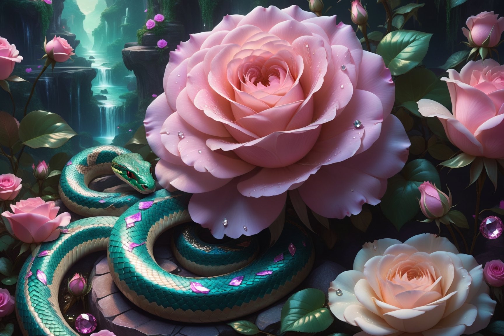 roses, dew, diamonds, snake,

colors pink, beige, black, violet, jade,

(((Masterpiece), HDR, artstation anime), sharp visual, intricate details),

aesthetic, fantasy, dreamy, eden,
