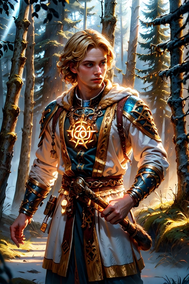 Slavic boy is an air wizard in a traditional slavic fancy dress,, curly blonde hairs, blue eyes, casting air magic, dynamic pose, 1boy, [[GlowingRunes_blue]],

Detailed background, forest, fog, clouds, animals, nature, sky, sunlight, sunbeam, birches,

vibrant color, (white / blue tones), cinematic lighting, ambient lighting, sidelighting,

(best quality, masterpiece, 8K, HDR, extremely detailed, sharp look),GlowingRunes_