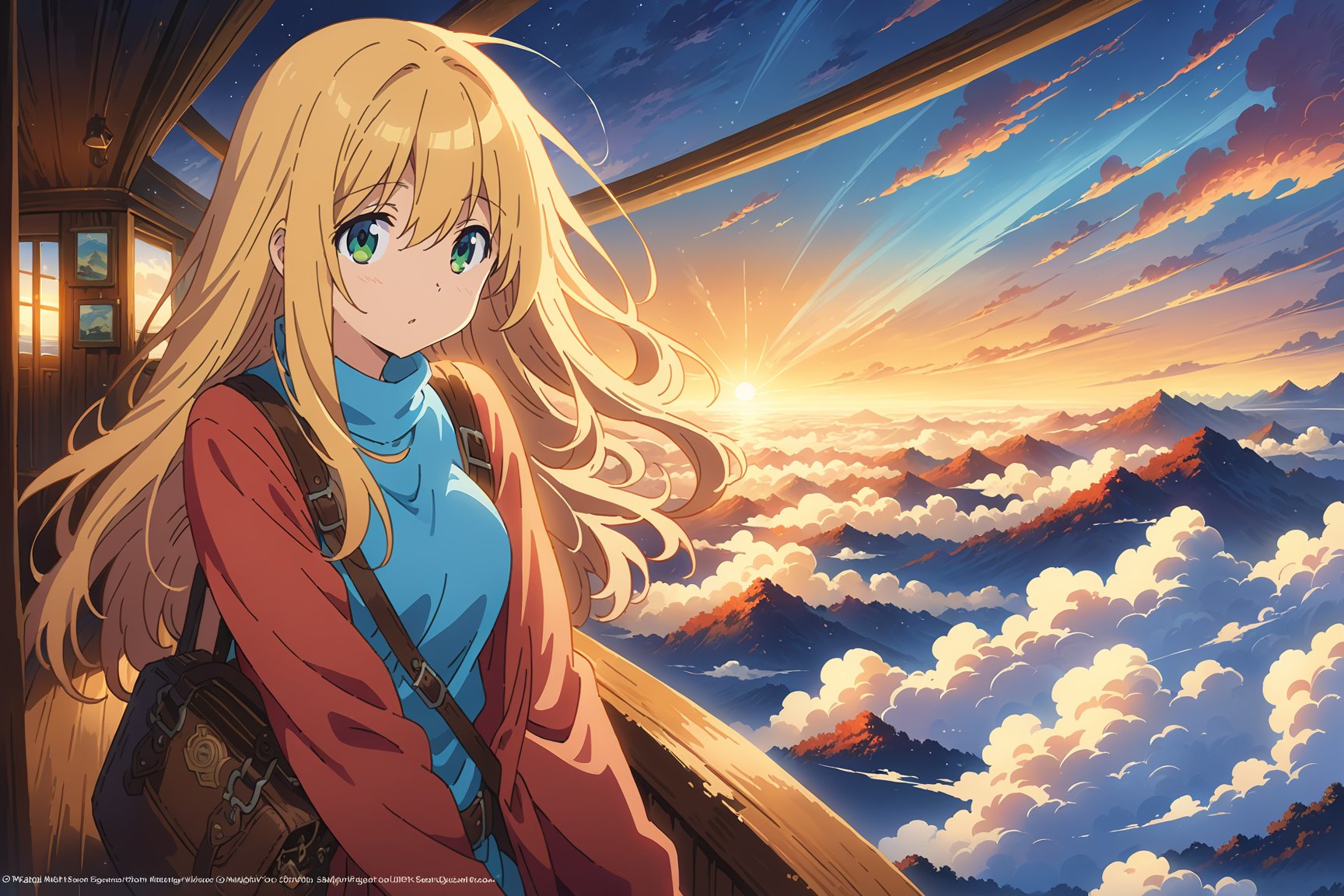 (blonde) woman traveling on a boat through sea of (clouds), long hair,  (greeneyes), (lipstick:0.5), 

journey, air, (morning:0.6), sky boat,

sky blue / light-orange / white / cerulean / amber / apricot / azure / indigo, outline,

(((Masterpiece, best quality, 2D anime), HDR, artstation), sharp visual, extra details),

dreamy, hopeful atmosphere,