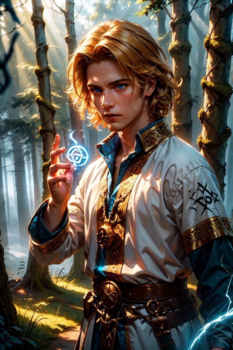Slavic boy is an air wizard in a traditional slavic fancy dress,, curly blonde hairs, blue eyes, casting air magic, dynamic pose, 1boy, [[GlowingRunes_blue]],

Detailed background, forest, fog, clouds, animals, nature, sky, sunlight, sunbeam, birches,

vibrant color, (white / blue tones), cinematic lighting, ambient lighting, sidelighting,

(best quality, masterpiece, 8K, HDR, extremely detailed, sharp look),GlowingRunes_