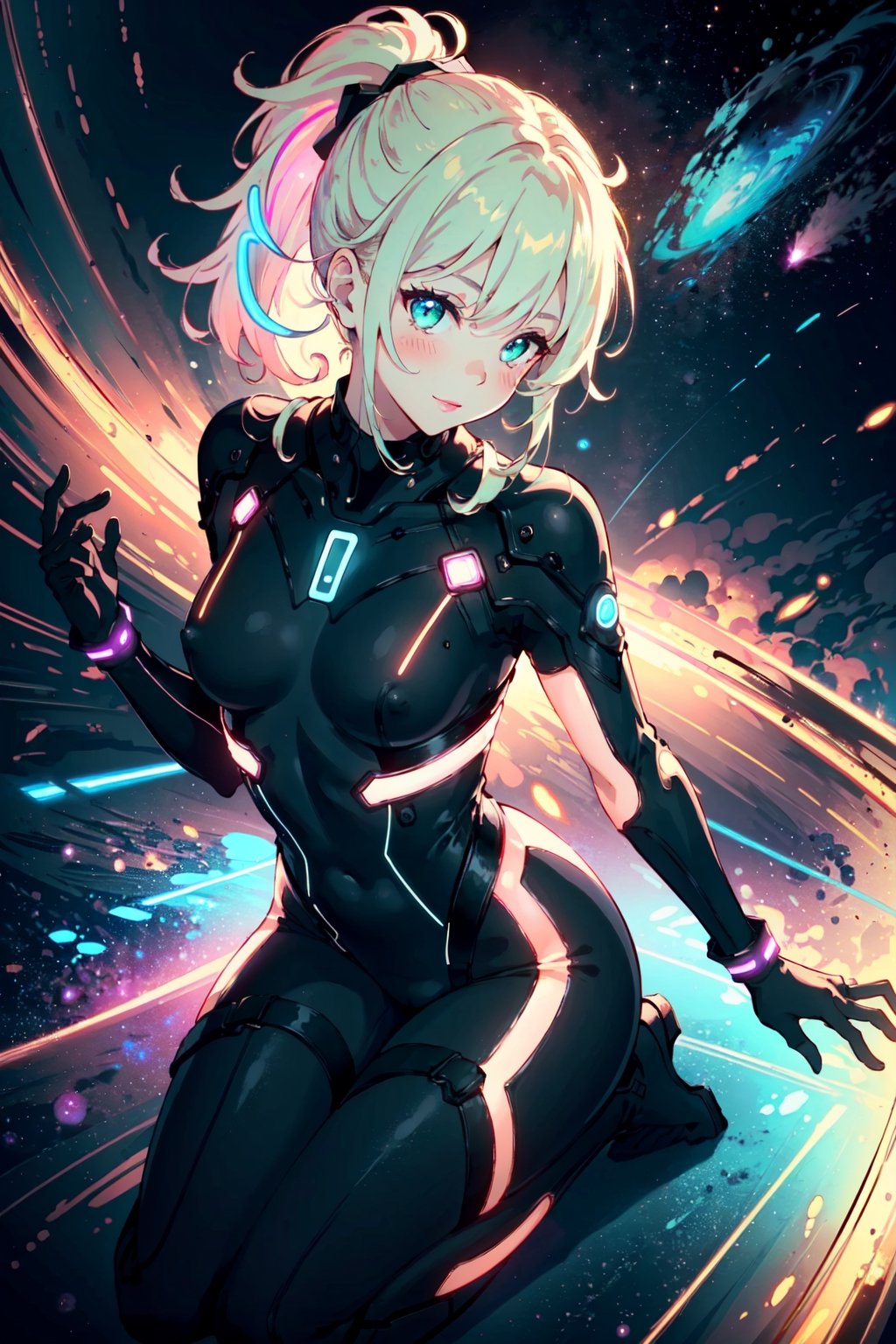 (erotic, sexy, athletic, bodysuit, elegant, aesthetic, exquisite, futuristic, cosmic, full_body:1.3, (seiza)), from-above,

blush, smile, (green-eyes), blonde-ponytail, lipstick, gloves, pussy, covered-nipples, small-breasts,

(starry_background, outer space, stars, galaxy), orbital, light-particles, (neon lights:1.3),

white, orange, pink, (violet), red, purple, lime, vanilla, porcelain, azure, enhanced colors, bokeh, 35mm-lens, glowing light, neon illumination,

(masterpiece, best quality, perfect visual), 8K, HDR, sharp image, professional artwork, (detailed, intricate),