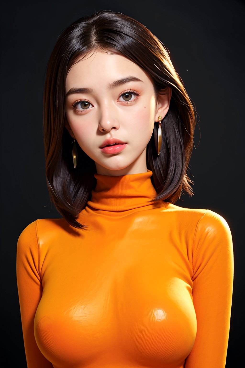 1girl, beautiful face, earrings, (portrait photoshot), wearing (orange turtleneck sweater:1.2) up to her chin, short dark hair, (simple plain background)(glamour:1.3) photo of a beautiful young girlfriend\(woman\) in her (preteens:1.3), 1girl, mid-parted hair, (blush:0.5), (goosebumps:0.5), subsurface scattering, detailed skin texture, textured skin, realistic dull skin noise, visible skin detail, skin fuzz, dry skin, perfect fingers, remarkable colors, BREAK wearing Vintage-inspired uniform with a fitted blouse, high-waisted pants, , BREAK RAW Photo, photorealistic, dynamic_background, soft bounced lighting, (upper body framing:1.3), (rule_of_thirds:1.3), Enhance,128k female models, Huge breasts, eyes, ((random super long style)), High resolution, Upper body,  Studio Lightning, satin ((8k,UHD,(photorealistic:1.2)Wearing a SHINY copper ORANGE  latex suit　 ((Clear Glossy Molded Clear Plastic Catsuit,Perfect dramatic lighting,one-piece swimsuit,torn,helmdef