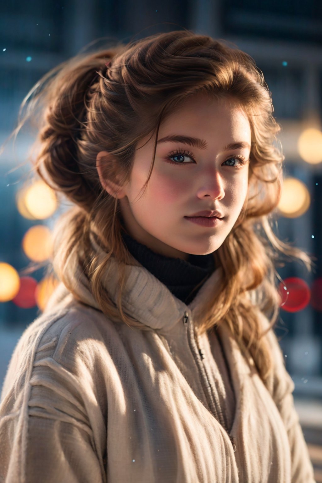 Here's the SD prompt:

Romantic Hungarian night: A stunning 16-year-old girl in a dark grey turtleneck sweater, with twin tails framing her beautiful face under soft light and city lights at night casting a warm glow. She looks directly at the camera with a subtle grin (0.7), surrounded by champagne and hints of a wedding dress. Capture her perfect anatomy and delicate features in photorealistic 8K portrait style.,PHOTOREALPRO