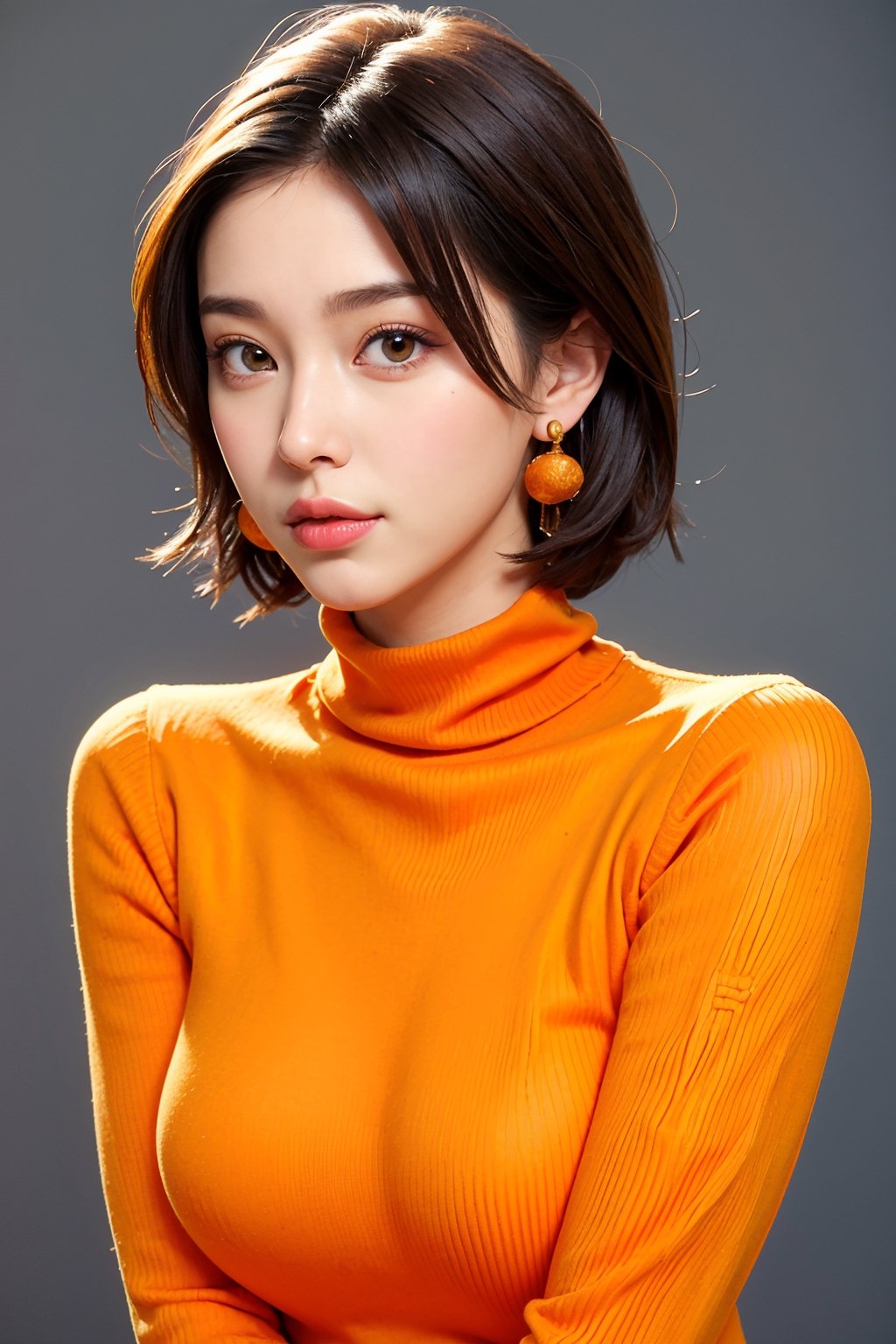 1girl, beautiful face, earrings, (portrait photoshot), wearing (orange turtleneck sweater:1.2) up to her chin, short dark hair, (simple plain background)