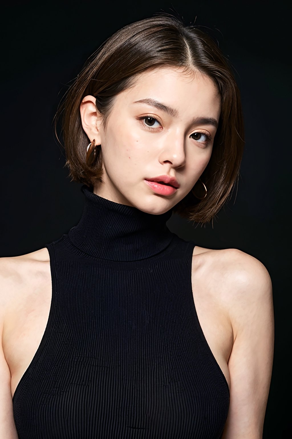 1girl, beautiful face, earrings, (portrait photoshot), wearing (black turtleneck sweater:1.2) up to her chin, short dark hair, (simple plain background)((Clear Glossy Molded Clear Plastic Catsuit,Perfect dramatic lighting,one-piece swimsuit,torn,helmdef