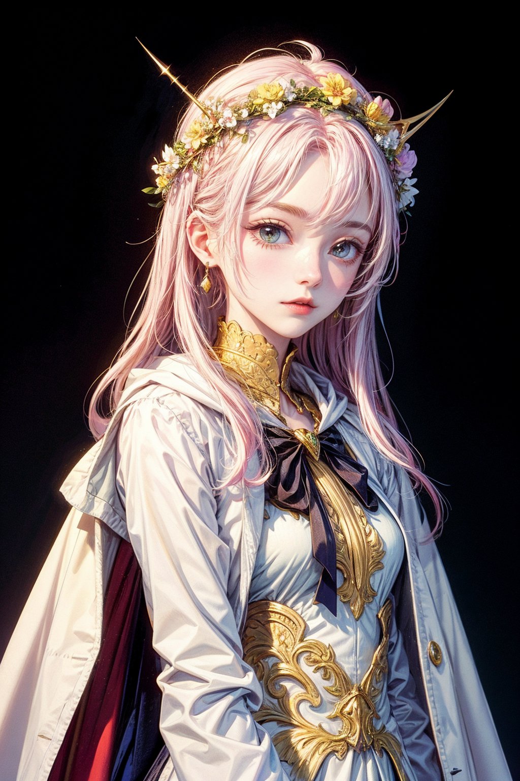 1girl,wearing a flower crown and a golden horn. She has a white coat and a rainbow mane, looking at the viewer with gentle eyes,1 girl