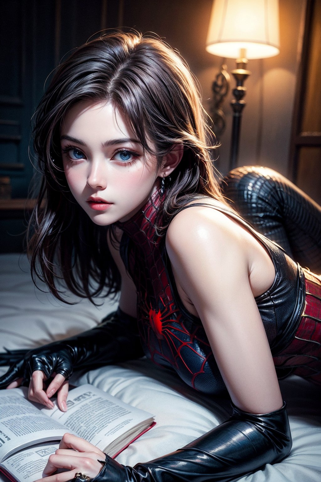 photorealism,cute pose of a young spider woman, 25 years old. beautiful realistic eyes; fantastic face, Caucasian, beautiful asian look, spiderman costume , blue eyes, Michael Garmash, Daniel F Gerhartz, Storybook style, warm dreamy lighting, newyork background,