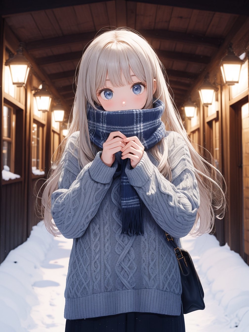 girl, photograph, muffler, sweater, long hair, white breaths,