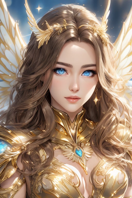 best quality, add more detail in armor, elaborate, fine detailed, saint seiya golden sagittarius armor, mech, slender golden wings, realistic girl portrait, beautiful face, highly detailed blue eyes, very long brown hair, stern look, higly detailed face, 1 girl, shining armor 