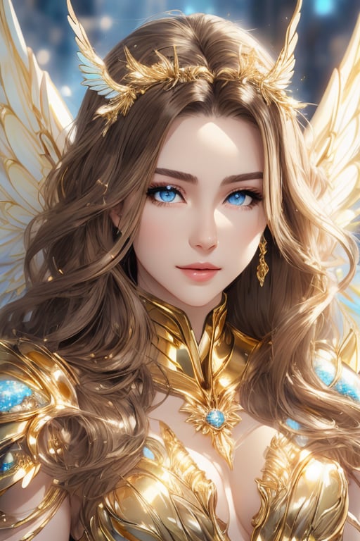 best quality, add more detail in armor, elaborate, fine detailed, saint seiya golden sagittarius armor, mech, slender golden wings, beautiful face, highly detailed blue eyes, very long brown hair, stern look, 1 girl, shining armor, head to waist in image 