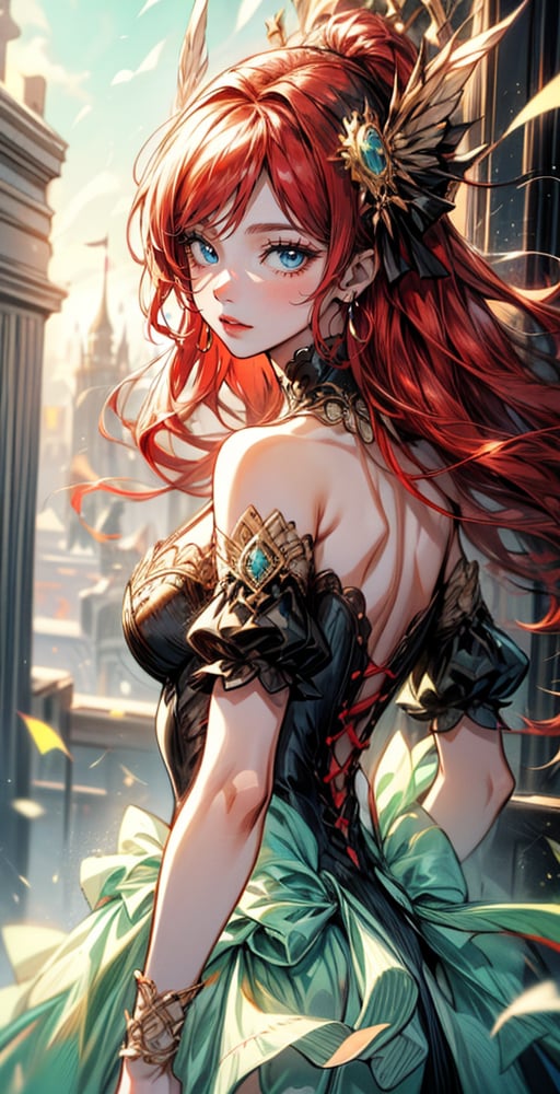 ((best quality)), ((masterpiece)), ((best illustration)), ((anime artwork)), Picture a girl with endearing red hair and captivating green eyes, red hair, her fair skin a delicate canvas. bright green eyes, bright red hair, She wears captivating long flowing futurist dress, enhanced by intricate details, and dons elegant earrings that reflect her style. In the heart of a bustling futurist town, she adds a touch of allure and mystique to the scene, on eye level, scenic, masterpiece, 1 girl