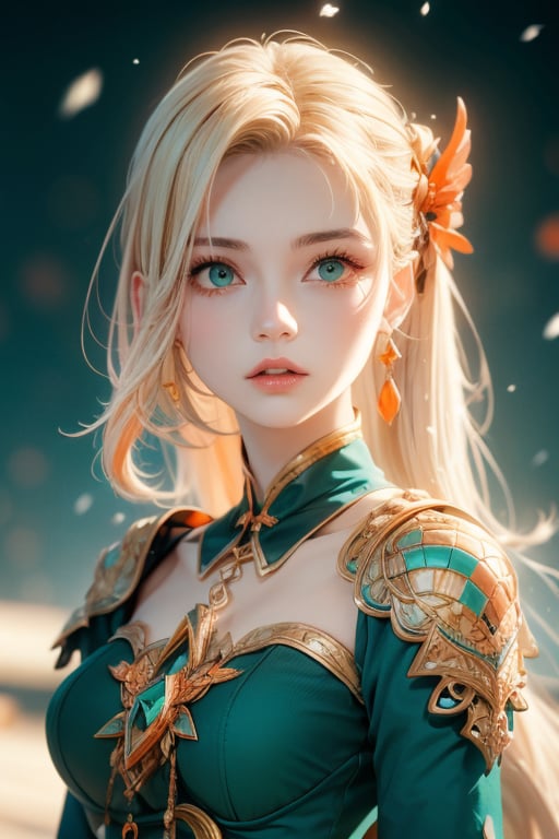 (masterpiece:1.2, best quality), 1 girl, upper body, snowfall, cute face, 18 yrs old, sharp focus, detailed face, highly detailed, 3d, 8k render, 16k, perfect breasts, long hair, blonde hair, metal reflections, beatiful girl, green eyes, portrait of a girl, wearing a yellow and pink dress, sunlight, natural light reflection on face, award winning, realistic, photorealistic, real skintone, raw skintone, hyperrealistic, most beautiful girl, natural lighting, focus, far away snow castle, cinematic lighting, (film grain, blurry background), chainmail, bokeh, high contrast, (teal and orange:1.4), (muted colors, dim colors, soothing tones:1.3), low saturation,1 girl, yuyao