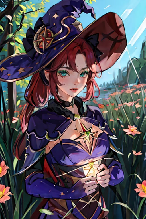 masterpiece, best quality, glass, female focus,  cute, upper body, looking at viewer, 1 girl, garden background, reflection, glowing, cowboy shot ,feminine, cleavage cutout, red hair ,mona_genshin, mona_genshin, default_dress, witch hat, long flowing hair, green eyes,