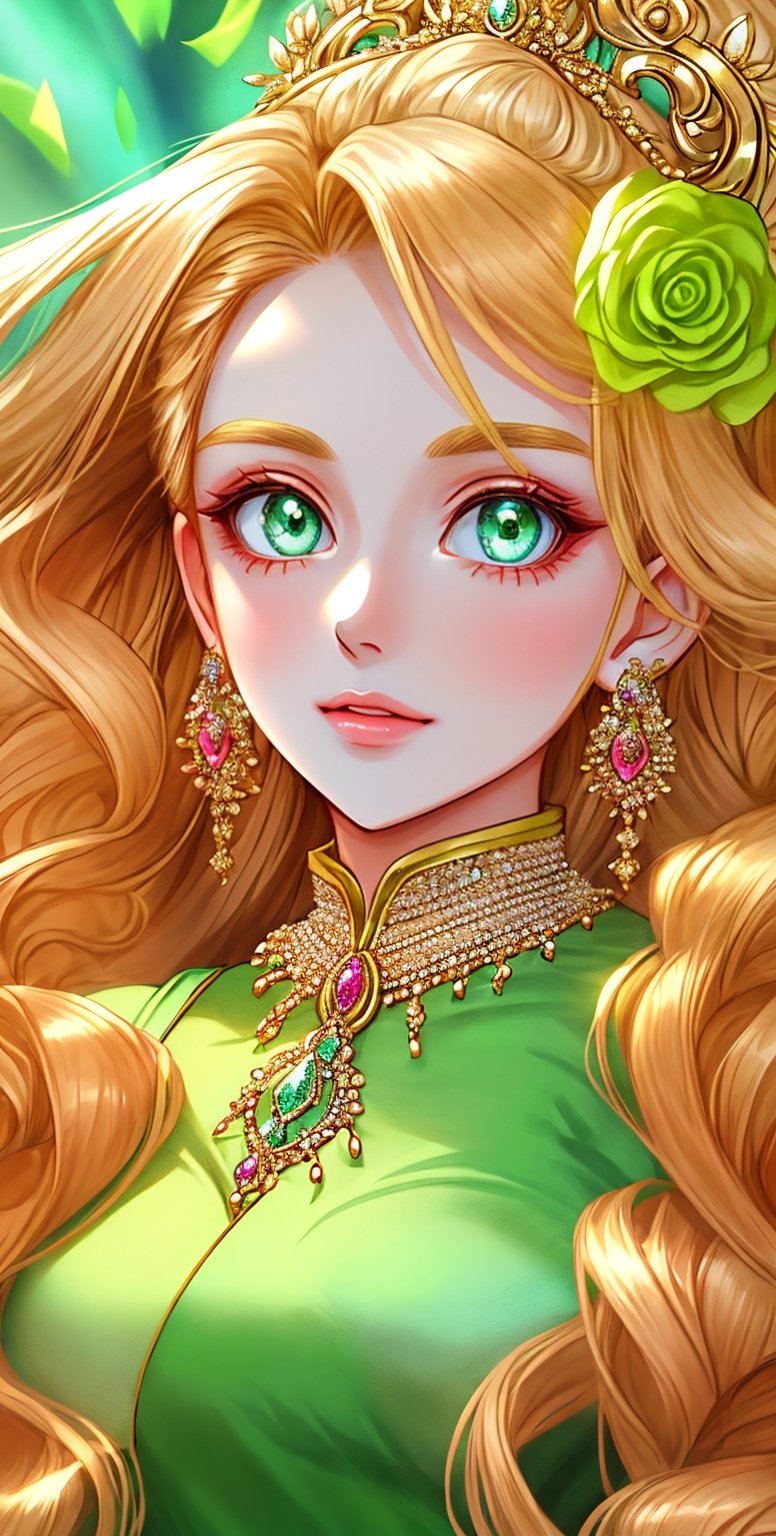 A portrait of a beautiful girl in elegant attire and adorned with crystal jewelry and pearls, candid pose, cinematic movement, luminous and radiant eyes, long flowing curly blonde hair, bright green eyes,