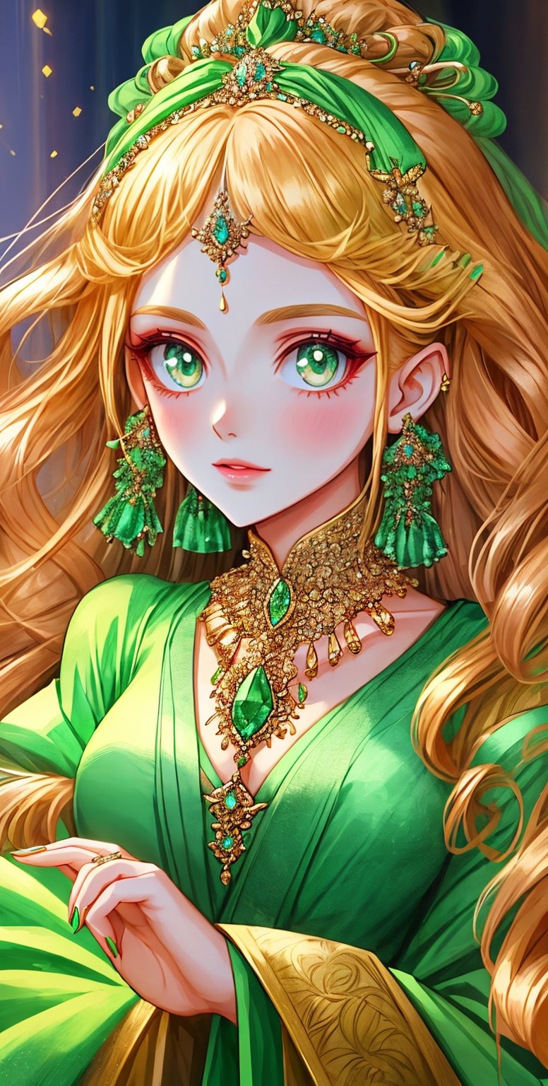 A portrait of a beautiful girl in elegant attire and adorned with crystal jewelry and pearls, candid pose, cinematic movement, luminous and radiant eyes, long flowing curly blonde hair, bright green eyes,