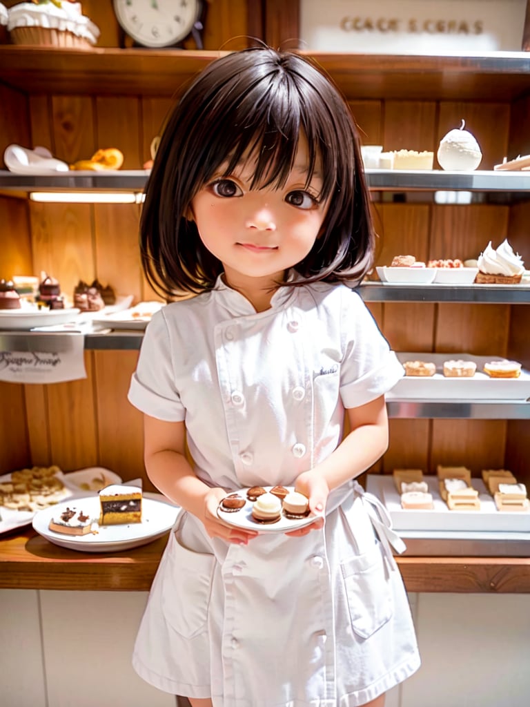 Imagine a cozy cake shop filled with the sweet smell of freshly baked cakes. The environment is decorated in pastel colors and attractively decorated. In the center of the image, a cute pastry chef wearing a rustic chef's uniform is enthusiastically working on making a Christmas cake.

The chef was standing at a sparkling kitchen counter surrounded by colorful ingredients such as flour, sugar and eggs. The counter is stocked with a quirky assortment of shaped cookie cutters, piping bags, and other baking tools. The atmosphere exudes joy and creativity, capturing the essence of the pastry chef's craft.

The pastry chef with a warm and friendly smile skillfully creates adorable cakes. These cakes can be in the form of cute animals, smiling faces, or miniature desserts that reflect the chef's playful and artistic touch. The chef's attention to detail and love of his craft is evident in his every move.

Soft natural light pours into the cake shop, giving it a warm glow. In the background, shelves full of beautifully arranged Christmas cakes are displayed, adding to the visual appeal of the cake shop. The entire screen is filled with the happiness and mastery of a cute pastry chef who is immersed in the joy of making delicious sweets.((6 year old cute genius pastry chef)),1 girl, bangs, ((dark brown hair: 1.3)), ((sagging eyes, animated eyes, big eyes, sagging eyes: 1.5)), (brown eyes) ,  Asian Girl, ,chibi emote style,aw0k euphoric style,full body,