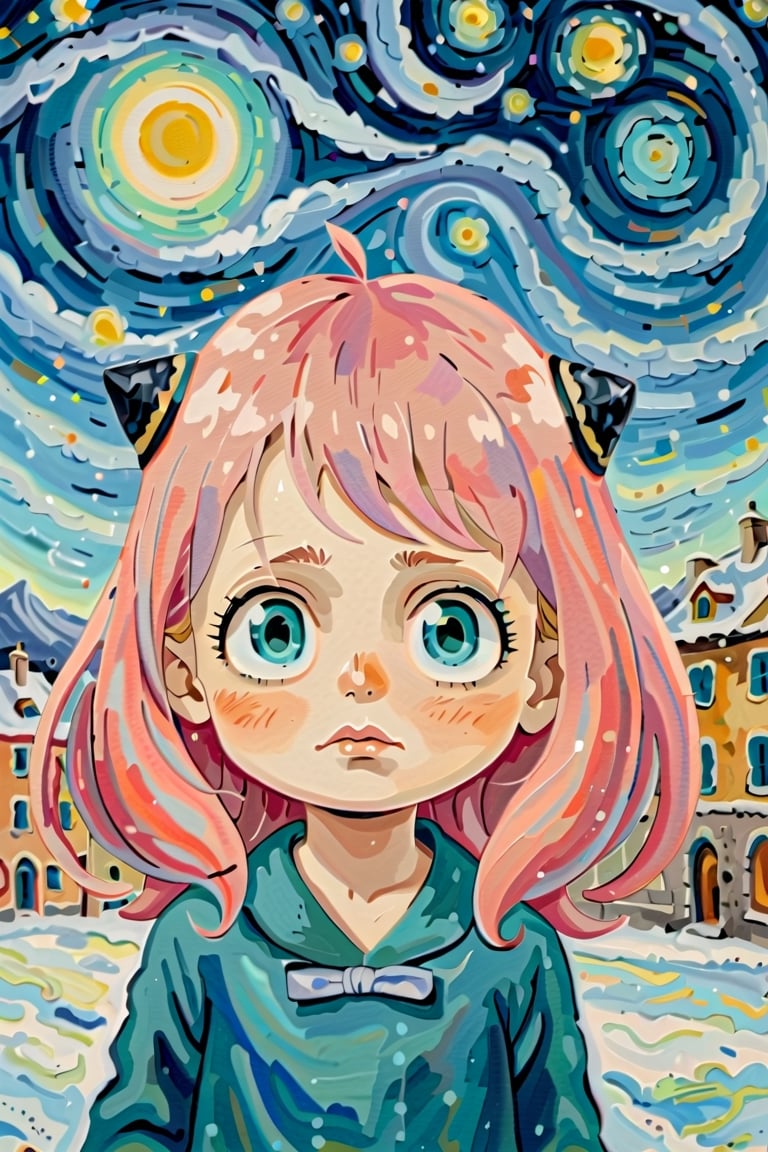 Masterpiece, best quality, super detailed wallpaper, Anya Forger, Turner with high quality and detailed cosmic colors of Vincent van Gogh's Starry Night with surreal celestial precision of Salvador Dali reflects a touch of the atmosphere and blurs the line with reality.  fantasy and snow falling in the sky,
1girl,spy x family,pink hair,6 years old, toddler, flat chested, petite,