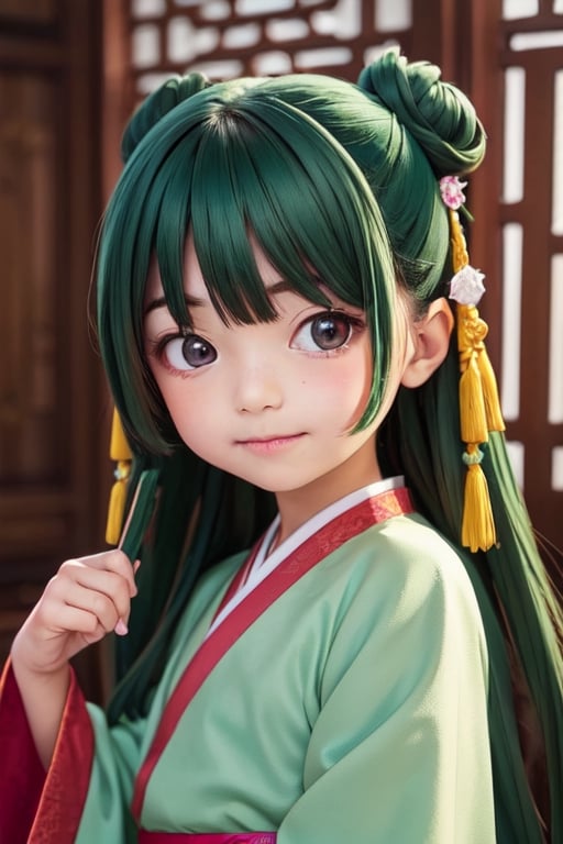 ((6year old girl:1.5)), loli, petite girl, Portrait, children's body, beautiful shining body, (( bangs)),high eyes,(brown eyes:1.4), petite,tall eyes, beautiful girl with fine details, Beautiful and delicate eyes, detailed face, Beautiful eyes,natural light,((realism: 1.2 )), dynamic far view shot,cinematic lighting, perfect composition, by sumic.mic, ultra detailed, official art, masterpiece, (best quality:1.3), reflections, extremely detailed cg unity 8k wallpaper, detailed background, masterpiece, best quality , (masterpiece), (best quality:1.4), (ultra highres:1.2), (hyperrealistic:1.4), (photorealistic:1.2), best quality, high quality, highres, detail enhancement, ((long hair:1.4)),
((tareme,animated eyes, big eyes,droopy eyes:1.2)),deformed Anime ,smirk,
1girl hair ribbon hair ornament, hanfu green shirt wide sleeves red skirt long skirt ,  indoors, east asian architecture,((hair ribbon hair ornament,bun)),((Portrait)),maomao,((Dark green hair:1.4)),
shangfu,lady in waiting,jinshi,[[[freckles]]]
