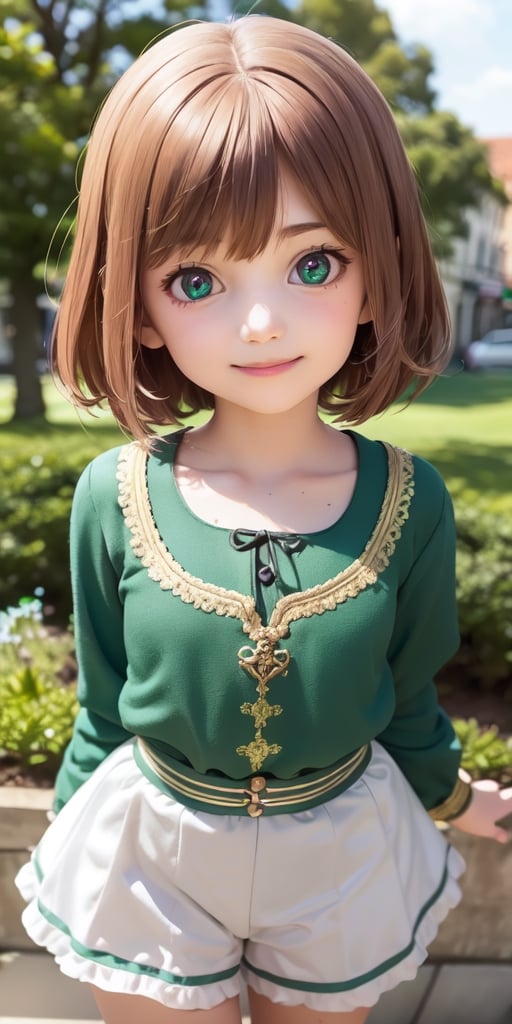 ((9year old girl)), ((solo,1girl:1.4)),((flat chest)),
 petite girl, whole body, children's body, beautiful shining body, bangs,((brown hair:1.3)),high eyes,(aquamarine eyes), petite,tall eyes, beautiful girl with fine details, Beautiful and delicate eyes, detailed face, Beautiful eyes,natural light,((realism: 1.2 )), dynamic far view shot,cinematic lighting, perfect composition, by sumic.mic, ultra detailed, official art, masterpiece, (best quality:1.3), reflections, extremely detailed cg unity 8k wallpaper, detailed background, masterpiece, best quality , (masterpiece), (best quality:1.4), (ultra highres:1.2), (hyperrealistic:1.4), (photorealistic:1.2), best quality, high quality, highres, detail enhancement,((very short hair:1.4)),
((tareme,animated eyes, big eyes,droopy eyes:1.2)),Random poses,((smile)),Realism,((St. Patrick's Day:1.4)),
 celts,((European townscape, European white folk costume, clover embroidery)),bg_imgs, 