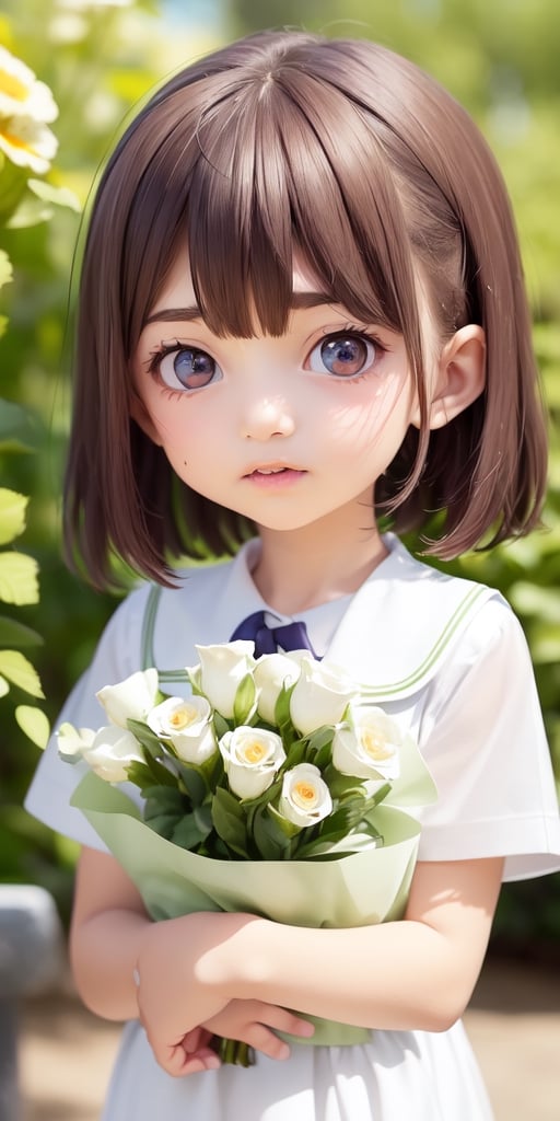 ((6year old girl:1.5)), ((Portrait)),1girl, loli, petite girl,  whole body, children's body, beautiful shining body, bangs,((darkbrown hair:1.3)),high eyes,(aquamarine eyes), petite,tall eyes, beautiful girl with fine details, ((Beautiful and delicate eyes,Beautiful eyes:1.4)), detailed face, natural light,((realism: 1.2 )), dynamic far view shot,cinematic lighting, perfect composition, by sumic.mic, ultra detailed, official art, masterpiece, (best quality:1.3), reflections, extremely detailed cg unity 8k wallpaper, detailed background, masterpiece, best quality , (masterpiece), (best quality:1.4), (ultra highres:1.2), (hyperrealistic:1.4), (photorealistic:1.2), best quality, high quality, highres, detail enhancement, ((very short hair:1.4)),
((tareme,animated eyes, big eyes,droopy eyes:1.2)),((random expression)),,random Angle,((school uniform:1.4)),((thick eyebrows:1.1)),perfect,((manga like visual)),((little girl with a bouquet of flowers:1.4)),perfect light