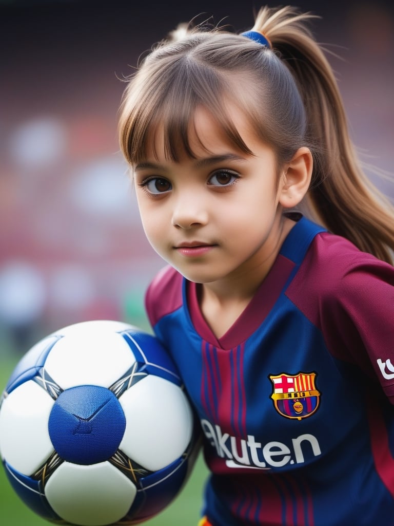 ((9year old girl:1.5)), african girl,complete anatomy, children's body, child, super cute, girl, little girl, random poses,random angles, Soccer, fc barcelona jersey, outdoors, lawns, dribbling, ponytail hairstyles, running,Camp Nou football stadium,Thick red and navy striped uniform, shorts uniform, beautiful girl, 1 girl, loli, petite girl, top quality, masterpiece, high eyes,drooping eyes,(realism: 1.2)), petite, bangs, tall eyes, natural light,(brown eyes),bangs, beautiful girl with fine details, Beautiful and delicate eyes, Beautiful girl, detailed face, Beautiful eyes, beautiful shining body, 8K images,photo r3al