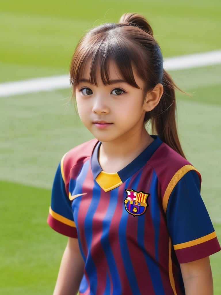 ((9year old girl:1.5)), japanese girl,complete anatomy, children's body, child, super cute, girl, little girl, random poses,random angles, Soccer, fc barcelona jersey, outdoors, lawns, dribbling, ponytail hairstyles, running,Camp Nou football stadium,Thick red and navy striped uniform, shorts uniform, beautiful girl, 1 girl, loli, petite girl, top quality, masterpiece, high eyes,drooping eyes,(realism: 1.2)), petite, bangs, tall eyes, natural light,(brown eyes),bangs, beautiful girl with fine details, Beautiful and delicate eyes, Beautiful girl, detailed face, Beautiful eyes, beautiful shining body, 8K images,photo r3al