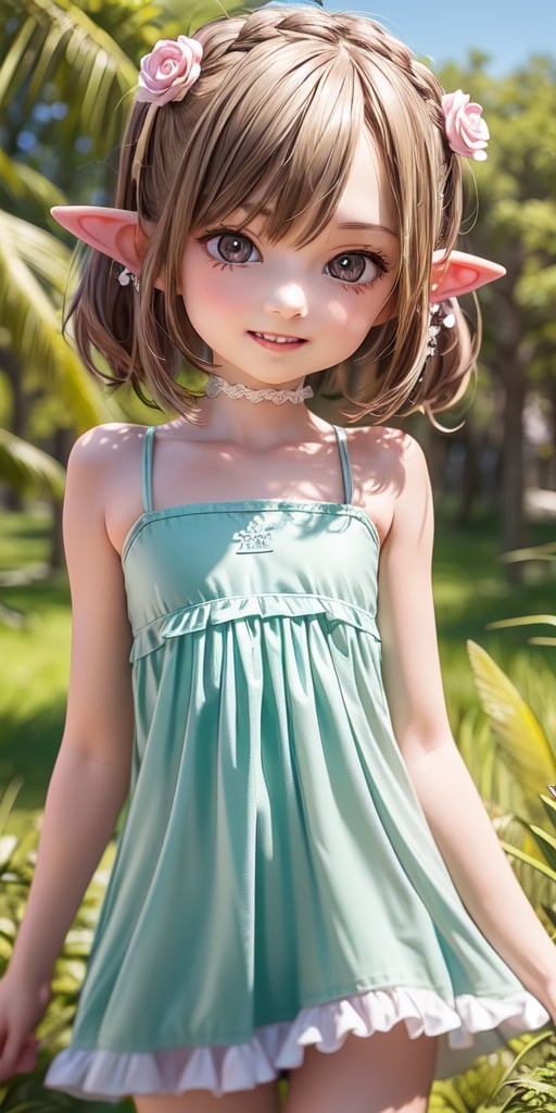 ((6 year old girl:1.4)),((flat chest)),complete anatomy, loli, beautiful girl with fine details,  detailed face, beautiful shining body,((Toddler body:1.3)),detailed face,  super detailed, perfect face, (highly detailed face:1.4),((elf ears, long ears)),choker,dagger,

beautiful detailed eyes, ((tall eyes, Big eyes)), aquamarine eyes, 
 
blond hair, bangs,((short hair:1.4)),
Floral hair ornament,
 1 girl, ((pastel green maxi dress)), ((forest background)), random angles, morning light, (bright lighting:1.2), ((happiness)), Natural Light,realhands, 

(realism:1.2),
Best Quality, Masterpiece, 
(RAW Photo, Best Quality, Masterpiece:1.2), Ray-traced reflections, photon mapping,
 ultra-high resolution, 16k images, depth of field,AIDA_LoRA_BelK