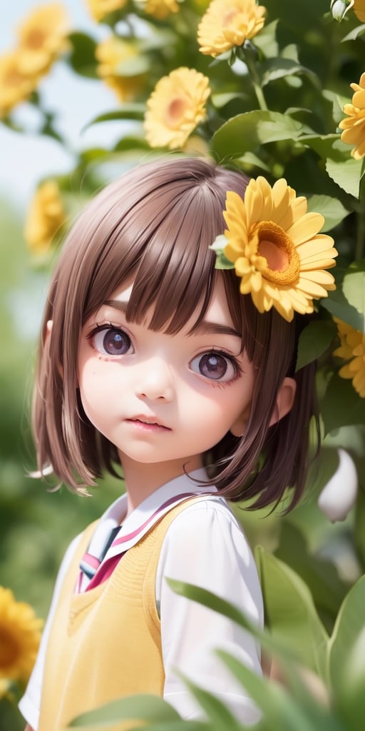 ((6year old girl:1.5)), ((Portrait)),1girl, loli, petite girl,  whole body, children's body, beautiful shining body, bangs,((darkbrown hair:1.3)),high eyes,(aquamarine eyes), petite,tall eyes, beautiful girl with fine details, ((Beautiful and delicate eyes,Beautiful eyes:1.4)), detailed face, natural light,((realism: 1.2 )), dynamic far view shot,cinematic lighting, perfect composition, by sumic.mic, ultra detailed, official art, masterpiece, (best quality:1.3), reflections, extremely detailed cg unity 8k wallpaper, detailed background, masterpiece, best quality , (masterpiece), (best quality:1.4), (ultra highres:1.2), (hyperrealistic:1.4), (photorealistic:1.2), best quality, high quality, highres, detail enhancement, ((very short hair:1.4)),
((tareme,animated eyes, big eyes,droopy eyes:1.2)),((random expression)),,random Angle,((school uniform:1.4)),((thick eyebrows:1.1)),perfect,((manga like visual)),((little girl with a bouquet of flowers:1.4)),perfect light