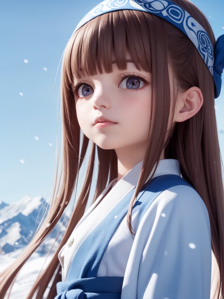 ((snowfield,snow scene)),(((wide Blue headband ))),(white fur ),bouncing hair,((Ainu costume based on navy blue,Ainu folk costume:1.4)),(snow mountain blue sky:1.4),  black hair, pale white skin,((9year old girl:1.5)), 1 girl, loli, petite girl, complete anatomy, whole body, children's body, child, super cute, girl, little girl, beautiful girl, beautiful shining body, bangs,brown hair,high eyes,(aquamarine eyes), drooping eyes, petite,tall eyes, beautiful girl with fine details, Beautiful and delicate eyes, detailed face, Beautiful eyes, beautiful shining body,  Whole body angle, Alps,  outdoor, natural light,((realism: 1.2)), dynamic far view shot,cinematic lighting, perfect composition, by sumic.mic, ultra detailed, official art, masterpiece, (best quality:1.3), reflections, extremely detailed cg unity 8k wallpaper, detailed background, masterpiece, best quality, (masterpiece), (best quality:1.4), (ultra highres:1.2), (hyperrealistic:1.4), (photorealistic:1.2), best quality, high quality, highres, detail enhancement,