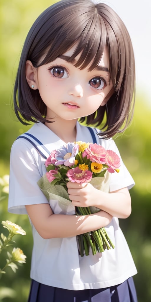 ((6year old girl:1.5)), ((Portrait)),1girl, loli, petite girl,  whole body, children's body, beautiful shining body, bangs,((darkbrown hair:1.3)),high eyes,(aquamarine eyes), petite,tall eyes, beautiful girl with fine details, ((Beautiful and delicate eyes,Beautiful eyes:1.4)), detailed face, natural light,((realism: 1.2 )), dynamic far view shot,cinematic lighting, perfect composition, by sumic.mic, ultra detailed, official art, masterpiece, (best quality:1.3), reflections, extremely detailed cg unity 8k wallpaper, detailed background, masterpiece, best quality , (masterpiece), (best quality:1.4), (ultra highres:1.2), (hyperrealistic:1.4), (photorealistic:1.2), best quality, high quality, highres, detail enhancement, ((very short hair:1.4)),
((tareme,animated eyes, big eyes,droopy eyes:1.2)),((random expression)),,random Angle,((school uniform:1.4)),((thick eyebrows:1.1)),perfect,((manga like visual)),((little girl with a bouquet of flowers:1.4)),perfect light