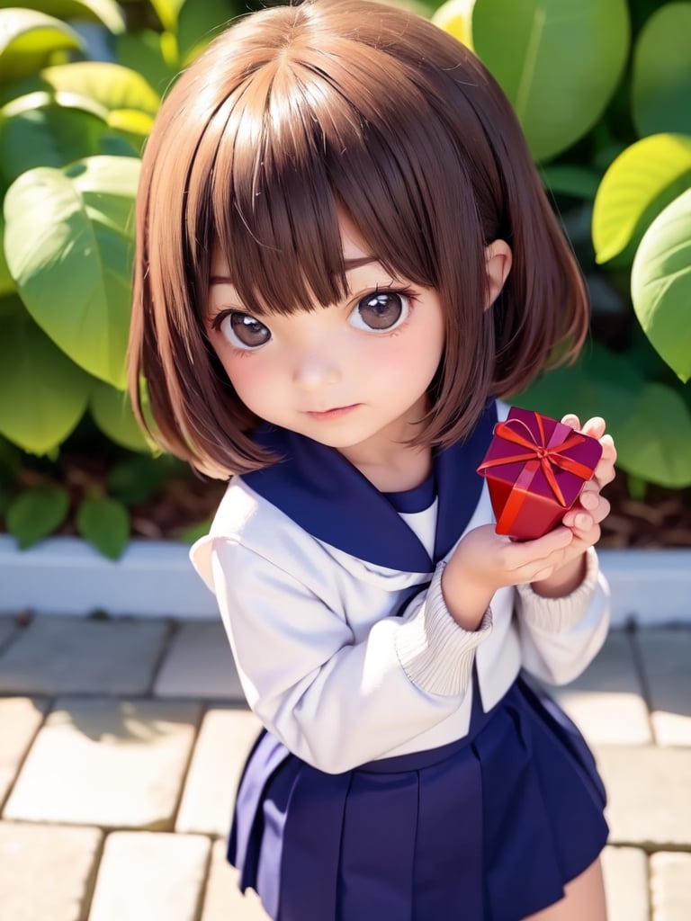 ((6year old girl:1.5)), loli, petite girl,  whole body, children's body, beautiful shining body, bangs,((brown hair:1.3)),high eyes,(brown eyes), petite,tall eyes, beautiful girl with fine details, Beautiful and delicate eyes, detailed face, Beautiful eyes,natural light,((realism: 1.2 )), dynamic far view shot,cinematic lighting, perfect composition, by sumic.mic, ultra detailed, official art, masterpiece, (best quality:1.3), reflections, extremely detailed cg unity 8k wallpaper, detailed background, masterpiece, best quality , (masterpiece), (best quality:1.4), (ultra highres:1.2), (hyperrealistic:1.4), (photorealistic:1.2), best quality, high quality, highres, detail enhancement,cute pussy, nsfw,((very short hair:1.4)),((holding gifts:1.4)),
((tareme,animated eyes, big eyes,droopy eyes:1.2)),Random poses,((embarrassed expression)),(( cardigan,school uniform, sailor uniform, navy pleated skirt:1.4)),Realism,school uniform