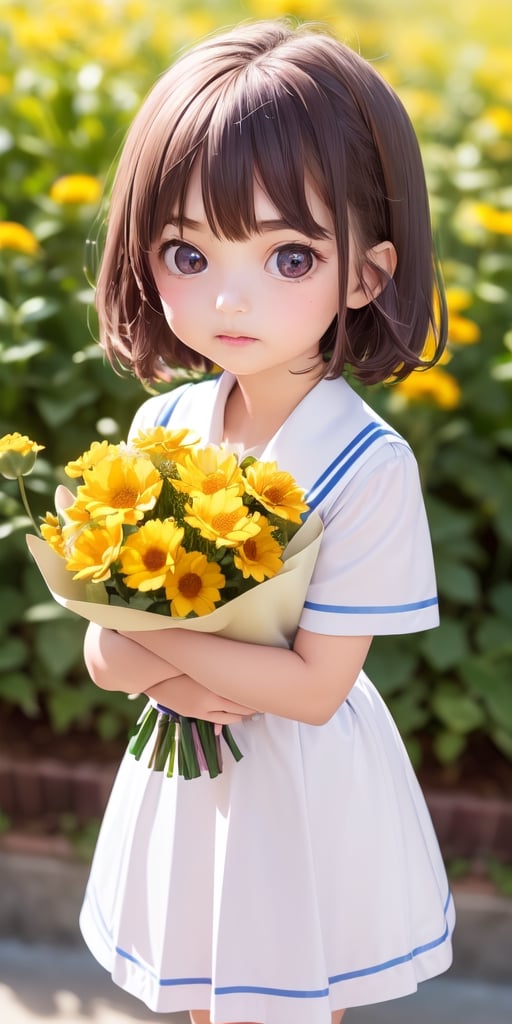 ((6year old girl:1.5)), ((Portrait)),1girl, loli, petite girl,  whole body, children's body, beautiful shining body, bangs,((darkbrown hair:1.3)),high eyes,(aquamarine eyes), petite,tall eyes, beautiful girl with fine details, ((Beautiful and delicate eyes,Beautiful eyes:1.4)), detailed face, natural light,((realism: 1.2 )), dynamic far view shot,cinematic lighting, perfect composition, by sumic.mic, ultra detailed, official art, masterpiece, (best quality:1.3), reflections, extremely detailed cg unity 8k wallpaper, detailed background, masterpiece, best quality , (masterpiece), (best quality:1.4), (ultra highres:1.2), (hyperrealistic:1.4), (photorealistic:1.2), best quality, high quality, highres, detail enhancement, ((very short hair:1.4)),
((tareme,animated eyes, big eyes,droopy eyes:1.2)),((random expression)),,random Angle,((school uniform:1.4)),((thick eyebrows:1.1)),perfect,((manga like visual)),((little girl with a bouquet of flowers:1.4)),perfect light