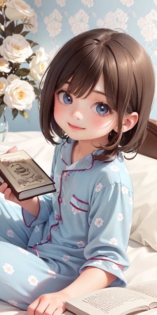 ((6year old girl:1.5)),1girl,whole body, beautiful shining body, bangs,((brown　hair:1.3)),high eyes,(aquamarine eyes),tall eyes, beautiful girl with fine details, Beautiful and delicate eyes, detailed face, Beautiful eyes,natural light,((realism: 1.2 )), dynamic far view shot,cinematic lighting, perfect composition, by sumic.mic, ultra detailed, official art, masterpiece, (best quality:1.3), reflections, extremely detailed cg unity 8k wallpaper, detailed background, masterpiece, best quality , (masterpiece), (best quality:1.4), (ultra highres:1.2), (hyperrealistic:1.4), (photorealistic:1.2), best quality, high quality, highres, detail enhancement,
((short hair)),((bright lighting:1.3)),((tareme,animated eyes, big eyes,droopy eyes:1.2)),((smile expression:1.4)),((Light Blue pajamas:1.4)),perfect,hand,((Luxury hotel:1.4)),More Detail,((Floral background: 1.4)),Realism,((reading a book,on the bed:1.4)),((random angle: 1.4))