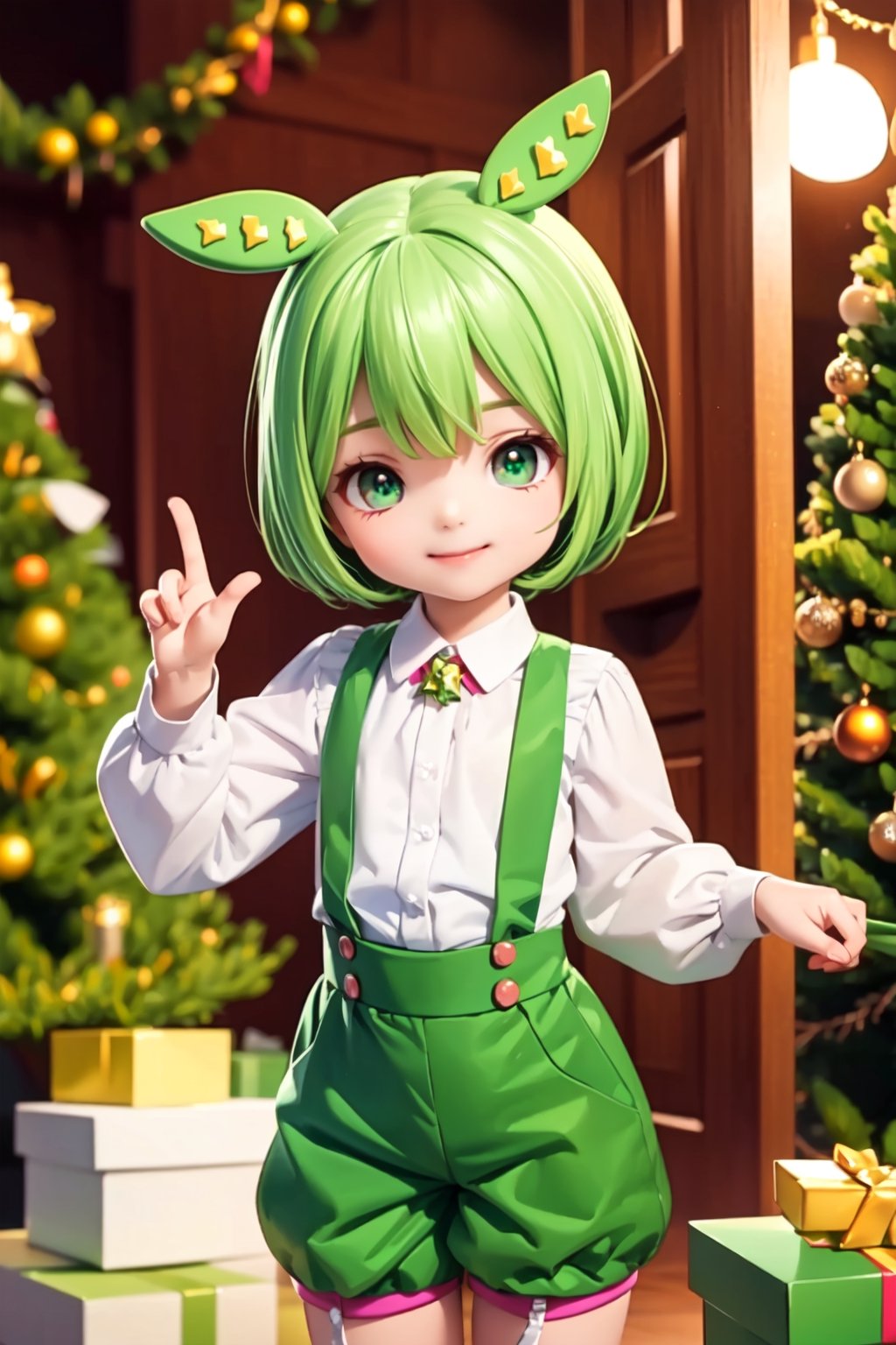 ((6year old girl:1.5)),1girl, beautiful shining body,beautiful girl with fine details,detailed face, bangs,((green hair:1.3)),((Hair bobbed hair:1.4)), high eyes,(green eyes),tall eyes,Beautiful and delicate eyes, Beautiful eyes,((tareme,animated eyes, big eyes,droopy eyes:1.2)),((green hair ornament:1.1)), ((green suspenders,green shorts, white blouse: 1.4)), ((smile expression)), ((realism: 1.2 )), dynamic far view shot,cinematic lighting, perfect composition, by sumic.mic, ultra detailed, official art, masterpiece, (best quality:1.3), reflections, extremely detailed cg unity 8k wallpaper, detailed background, masterpiece, best quality , (masterpiece), (best quality:1.4), (ultra highres:1.2), (hyperrealistic:1.4), (photorealistic:1.2), best quality, high quality, highres, detail enhancement,((manga like visual)),zundamon,masterpiece,break,((inside the room,Christmas tree background)),break