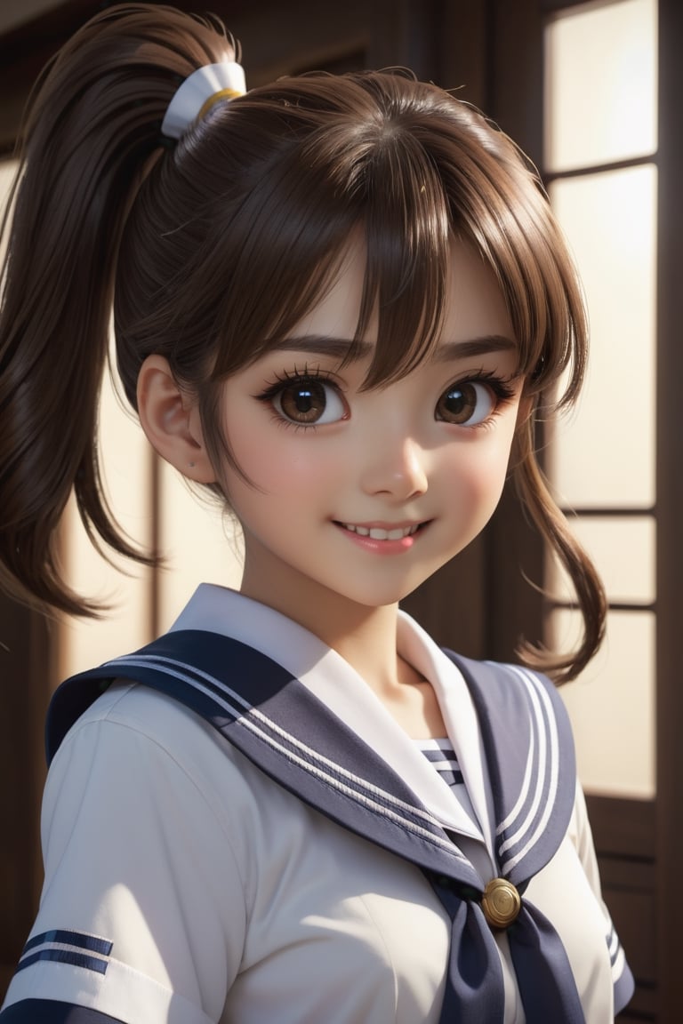 ((15year old girl:1.5)), ((flat chest:1.8)),1girl, loli, petite girl,  whole body, children's body, beautiful shining body, bangs,((darkbrown hair:1.3)),high eyes,((tareme,animated eyes, big eyes,droopy eyes:1.5)),(brown eyes), petite,tall eyes, beautiful girl with fine details, Beautiful and delicate eyes, detailed face, Beautiful eyes,natural light,((realism: 1.2 )), dynamic far view shot,cinematic lighting, perfect composition, by sumic.mic, ultra detailed, official art, masterpiece, (best quality:1.3), reflections, extremely detailed cg unity 8k wallpaper, detailed background, masterpiece, best quality , (masterpiece), (best quality:1.4), (ultra highres:1.2), (hyperrealistic:1.4), (photorealistic:1.2), best quality, high quality, highres, detail enhancement,((ponytail hair:1.4)),
((random expression)),more detail XL,asian girl,chibi emote style,chibi, ((Japanese school uniform, sailor uniform)),smile,((Thick eyebrows)), mouth closed