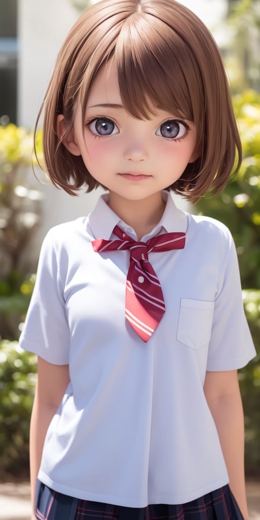 ((10year old girl:1.5)), loli, petite girl, Portrait, children's body, beautiful shining body, (( bangs)),((brown hair:1.3)),high eyes,(aquamarine eyes:1.4), petite,tall eyes, beautiful girl with fine details, Beautiful and delicate eyes, detailed face, Beautiful eyes,natural light,((realism: 1.2 )), dynamic far view shot,cinematic lighting, perfect composition, by sumic.mic, ultra detailed, official art, masterpiece, (best quality:1.3), reflections, extremely detailed cg unity 8k wallpaper, detailed background, masterpiece, best quality , (masterpiece), (best quality:1.4), (ultra highres:1.2), (hyperrealistic:1.4), (photorealistic:1.2), best quality, high quality, highres, detail enhancement, ((short hair:1.4)),
((tareme,animated eyes, big eyes,droopy eyes:1.2)),Random poses,((random expression)),break,Anime school uniform,((school uniform:1.4))