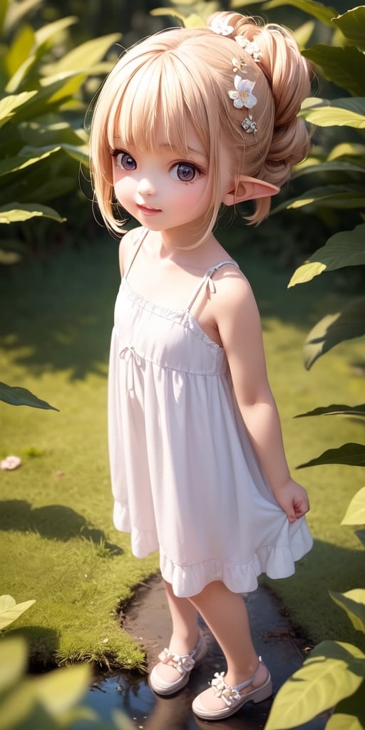 ((6 year old girl:1.4)),((flat chest)),complete anatomy, loli, beautiful girl with fine details,  detailed face, beautiful shining body,((Toddler body: 1.3)),detailed face,  super detailed, perfect face, (highly detailed face:1.4),((elf ears, long ears)),

beautiful detailed eyes, ((tall eyes, Big eyes)), aquamarine eyes, 
 
blond hair, bangs,((half updo hair:1.4)),
Floral hair ornament,
 1 girl, ((white maxi dress)), ((forest background)), random angles, morning light, (bright lighting: 1.2), happiness, Natural Light,realhands, 

(realism: 1.2),
Best Quality, Masterpiece, 
(RAW Photo, Best Quality, Masterpiece: 1.2), Ray-traced reflections, photon mapping,
 ultra-high resolution, 16k images, depth of field,