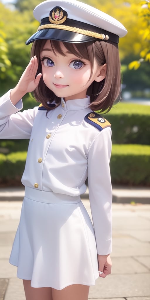 ((6year old girl:1.5)), ((flat chest:1.3)),1girl, loli, petite girl,  whole body, children's body, beautiful shining body, bangs,((darkbrown hair:1.3)),high eyes,(aquamarine eyes), petite,tall eyes, beautiful girl with fine details, Beautiful and delicate eyes, detailed face, Beautiful eyes,natural light,((realism: 1.2 )), dynamic far view shot,cinematic lighting, perfect composition, by sumic.mic, ultra detailed, official art, masterpiece, (best quality:1.3), reflections, extremely detailed cg unity 8k wallpaper, detailed background, masterpiece, best quality , (masterpiece), (best quality:1.4), (ultra highres:1.2), (hyperrealistic:1.4), (photorealistic:1.2), best quality, high quality, highres, detail enhancement,
((bright lighting:1.3)),((tareme,animated eyes, big eyes,droopy eyes:1.2)),((smile expression)),((Military uniform for naval officers))chinamoeka,china moeka, long hair, brown hair,BREAK hair ornament, hat, hairclip, uniform, military, military uniform, peaked cap, naval uniform, (white uniform:1.5),BREAK outdoors, ship, navy,BREAK looking at viewer, (cowboy shot:1.5),,((salute pose:1.2)),((white Tight skirt:1.3))