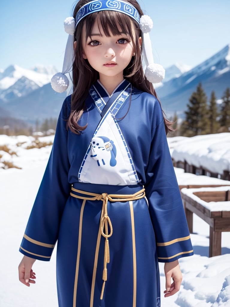 ((snowfield,snow scene)),(((wide Blue headband ))),(white fur ),bouncing hair,((Ainu costume based on navy blue,Ainu folk costume:1.4)),(snow mountain blue sky:1.4),  black hair, pale white skin,((9year old girl:1.5)), 1 girl, loli, petite girl, complete anatomy, whole body, children's body, child, super cute, girl, little girl, beautiful girl, beautiful shining body, bangs,brown hair,high eyes,(aquamarine eyes), drooping eyes, petite,tall eyes, beautiful girl with fine details, Beautiful and delicate eyes, detailed face, Beautiful eyes, beautiful shining body,  Whole body angle, Alps,  outdoor, natural light,((realism: 1.2)), dynamic far view shot,cinematic lighting, perfect composition, by sumic.mic, ultra detailed, official art, masterpiece, (best quality:1.3), reflections, extremely detailed cg unity 8k wallpaper, detailed background, masterpiece, best quality, (masterpiece), (best quality:1.4), (ultra highres:1.2), (hyperrealistic:1.4), (photorealistic:1.2), best quality, high quality, highres, detail enhancement,