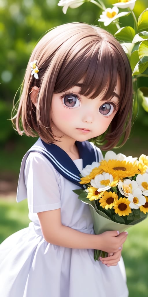 ((6year old girl:1.5)), ((Portrait)),1girl, loli, petite girl,  whole body, children's body, beautiful shining body, bangs,((darkbrown hair:1.3)),high eyes,(aquamarine eyes), petite,tall eyes, beautiful girl with fine details, ((Beautiful and delicate eyes,Beautiful eyes:1.4)), detailed face, natural light,((realism: 1.2 )), dynamic far view shot,cinematic lighting, perfect composition, by sumic.mic, ultra detailed, official art, masterpiece, (best quality:1.3), reflections, extremely detailed cg unity 8k wallpaper, detailed background, masterpiece, best quality , (masterpiece), (best quality:1.4), (ultra highres:1.2), (hyperrealistic:1.4), (photorealistic:1.2), best quality, high quality, highres, detail enhancement, ((very short hair:1.4)),
((tareme,animated eyes, big eyes,droopy eyes:1.2)),((random expression)),,random Angle,((school uniform:1.4)),((thick eyebrows:1.1)),perfect,((manga like visual)),((little girl with a bouquet of flowers:1.4)),perfect light