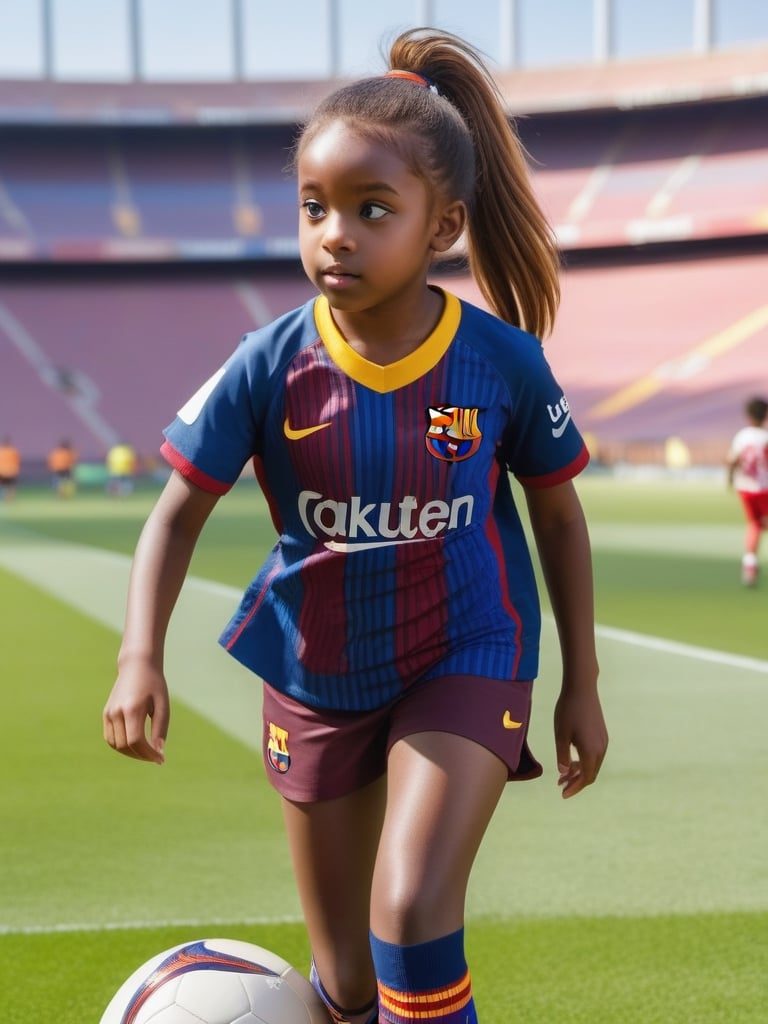 ((9year old girl:1.5)), african girl,complete anatomy, children's body, child, super cute, girl, little girl, random poses,random angles, Soccer, fc barcelona jersey, outdoors, lawns, dribbling, ponytail hairstyles, running,Camp Nou football stadium,Thick red and navy striped uniform, shorts uniform, beautiful girl, 1 girl, loli, petite girl, top quality, masterpiece, high eyes,drooping eyes,(realism: 1.2)), petite, bangs, tall eyes, natural light,(brown eyes),bangs, beautiful girl with fine details, Beautiful and delicate eyes, Beautiful girl, detailed face, Beautiful eyes, beautiful shining body, 8K images,black skin,photo r3al