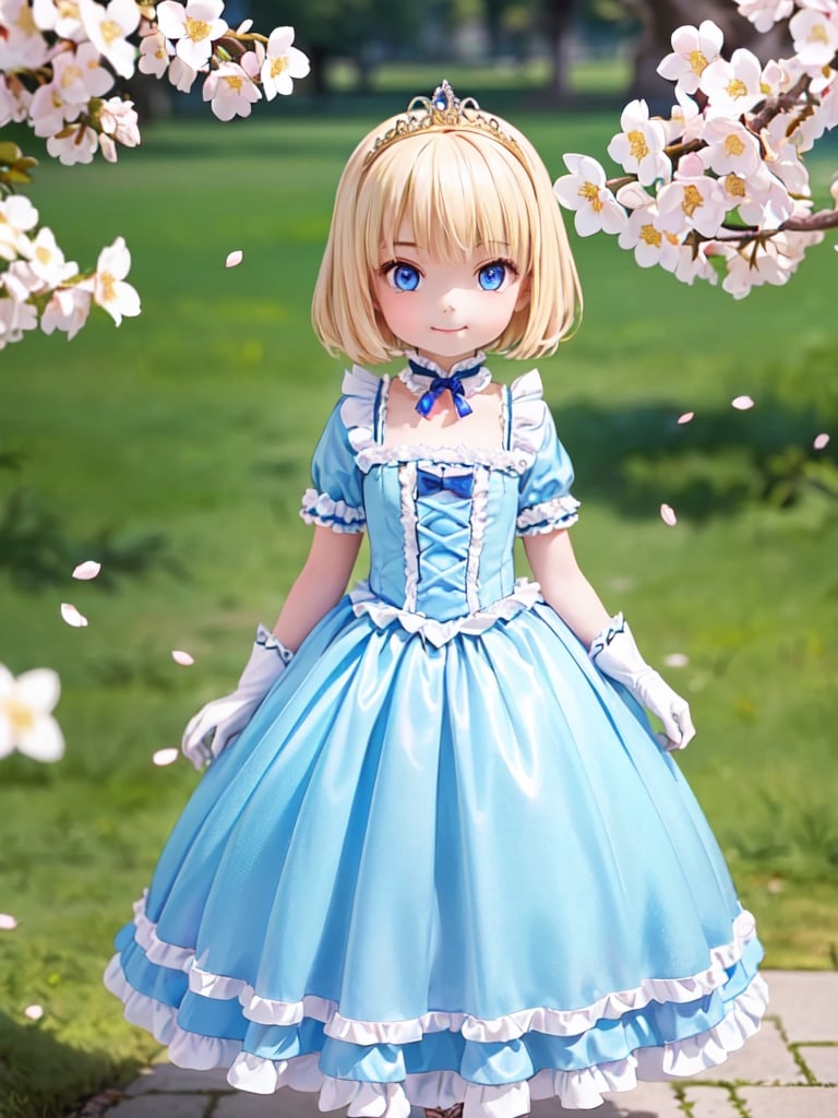 ((12year old girl:1.5)),1girl, loli, petite girl, Portrait, children's body, beautiful shining body, bangs,((blonde hair:1.3)),high eyes,(blue eyes), petite,tall eyes, beautiful girl with fine details, Beautiful and delicate eyes, detailed face, Beautiful eyes,((golden tiara with sapphire decoration)),((light blue gothic lolita ball gown:1.4)),((long skirt:1.7)),(( white neck ruffle, white frill)),((white tights)), blue shoes, ((white gloves with gold decoration)), natural light,((realism: 1.2 )), dynamic far view shot,cinematic lighting, perfect composition, by sumic.mic, ultra detailed, official art, masterpiece, (best quality:1.3), reflections, extremely detailed cg unity 8k wallpaper, detailed background, masterpiece, best quality , (masterpiece), (best quality:1.4), (ultra highres:1.2), (hyperrealistic:1.4), (photorealistic:1.2), best quality, high quality, highres, (short hair:1.4)),((tareme,animated eyes, big eyes,droopy eyes:1.2)),((cherry tree,cherry blossoms1.4)),((tsurime,v-shaped eyebrows,smirk:1.2)),(Cherry blossom background in full bloom:1.4)),perfect,hand,animemia,outdoor