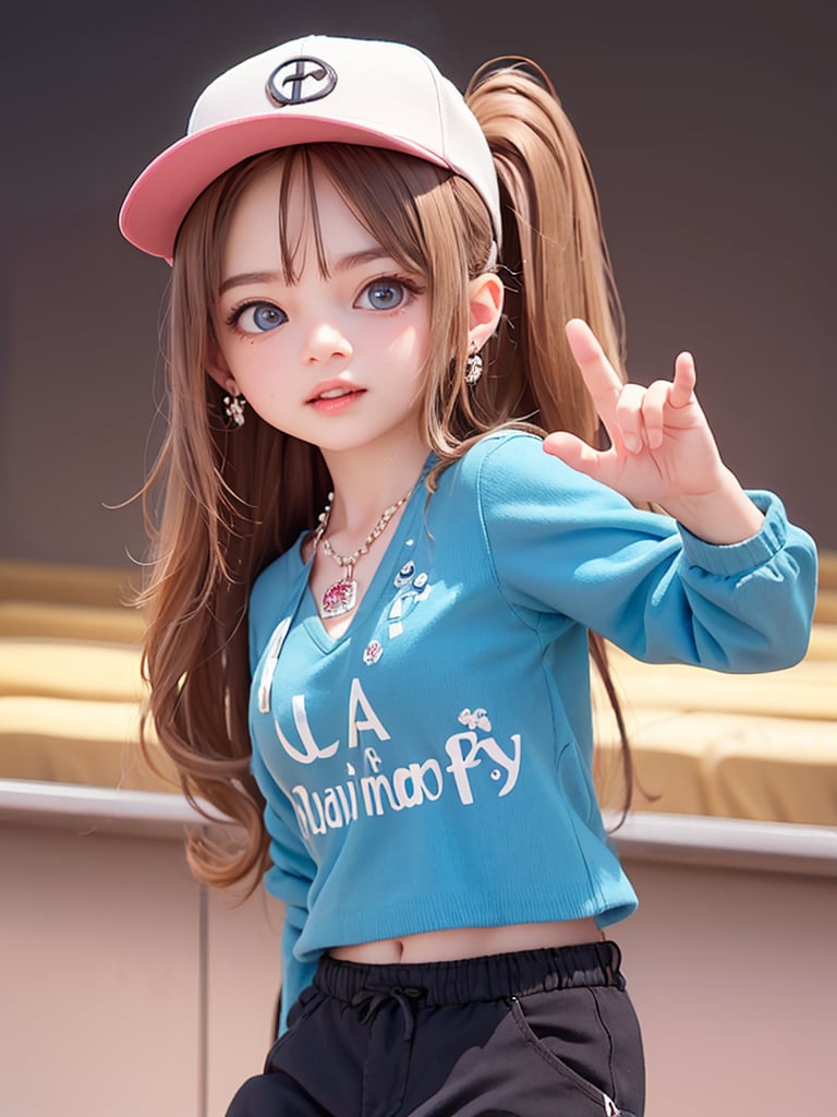 blue gradient hair(very long hair, curly_hair),long ponytail,hiphop dancer,wearing all black clothes (loose fit top and wide cargo pants),sneakers,accessories(necklace,ear_rings)baseball cap,   cowboy_shot,light pink_hair,brown hair,
((18 year old girl:1.4)),beautiful detailed eyes, complete anatomy, (realism: 1.2), beautiful girl with fine details, detailed face, beautiful shining body, 1 girl, (( aquamarine eyes, tall eyes, Big eyes)), random angles, bangs, detailed face, super detailed, perfect face, (highly detailed face:1.4), happiness, Best Quality, Masterpiece, Natural Light, (RAW Photo, Best Quality, Masterpiece: 1.2), Ray-traced reflections, photon mapping, ultra-high resolution, 16k images, depth of field,masterpiece,best quality,(complex light),((Disco, in the spotlight)), colored inner hair,((Crowd of people background))