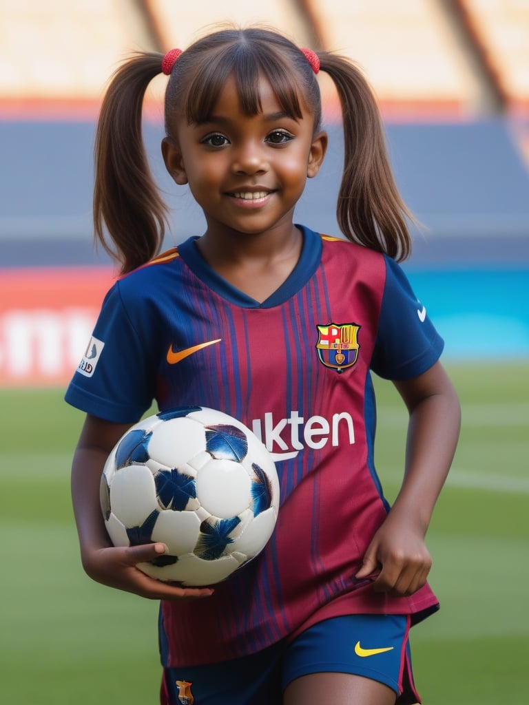 ((9year old girl:1.5)), african girl,complete anatomy, children's body, child, super cute, girl, little girl, random poses,random angles, Soccer, fc barcelona jersey, outdoors, lawns, dribbling, ponytail hairstyles, running,Camp Nou football stadium,Thick red and navy striped uniform, shorts uniform, beautiful girl, 1 girl, loli, petite girl, top quality, masterpiece, high eyes,drooping eyes,(realism: 1.2)), petite, bangs, tall eyes, natural light,(brown eyes),bangs, beautiful girl with fine details, Beautiful and delicate eyes, Beautiful girl, detailed face, Beautiful eyes, beautiful shining body, 8K images,black skin,photo r3al