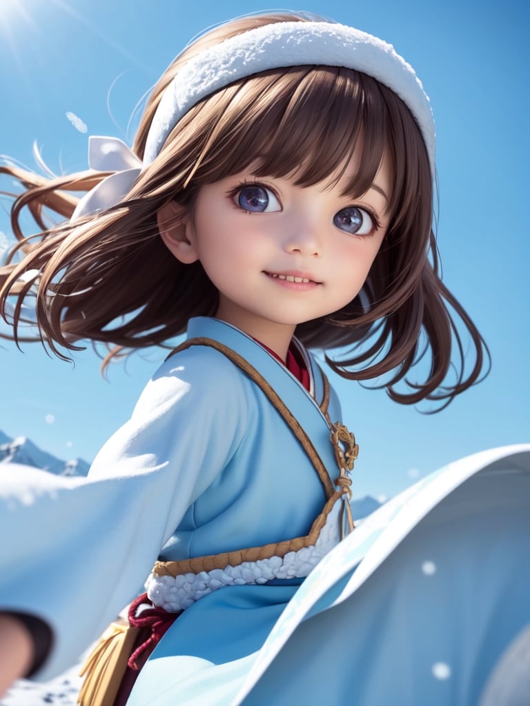 ((snowfield,snow scene)),(((wide Blue headband ))),(white fur ),bouncing hair,((Ainu folk costume:1.4)),(snow mountain blue sky:1.4),  black hair, pale white skin,((6year old girl:1.5)), 1 girl, loli, petite girl, complete anatomy, whole body, children's body, child, super cute, girl, little girl, beautiful girl, beautiful shining body, bangs,brown hair,high eyes,(aquamarine eyes), drooping eyes, petite,tall eyes, beautiful girl with fine details, Beautiful and delicate eyes, detailed face, Beautiful eyes, beautiful shining body, Smiles, happiness, Whole body angle, Alps,  outdoor, natural light,((realism: 1.2)), dynamic far view shot,cinematic lighting, perfect composition, by sumic.mic, ultra detailed, official art, masterpiece, (best quality:1.3), reflections, extremely detailed cg unity 8k wallpaper, detailed background, masterpiece, best quality, (masterpiece), (best quality:1.4), (ultra highres:1.2), (hyperrealistic:1.4), (photorealistic:1.2), best quality, high quality, highres, detail enhancement,